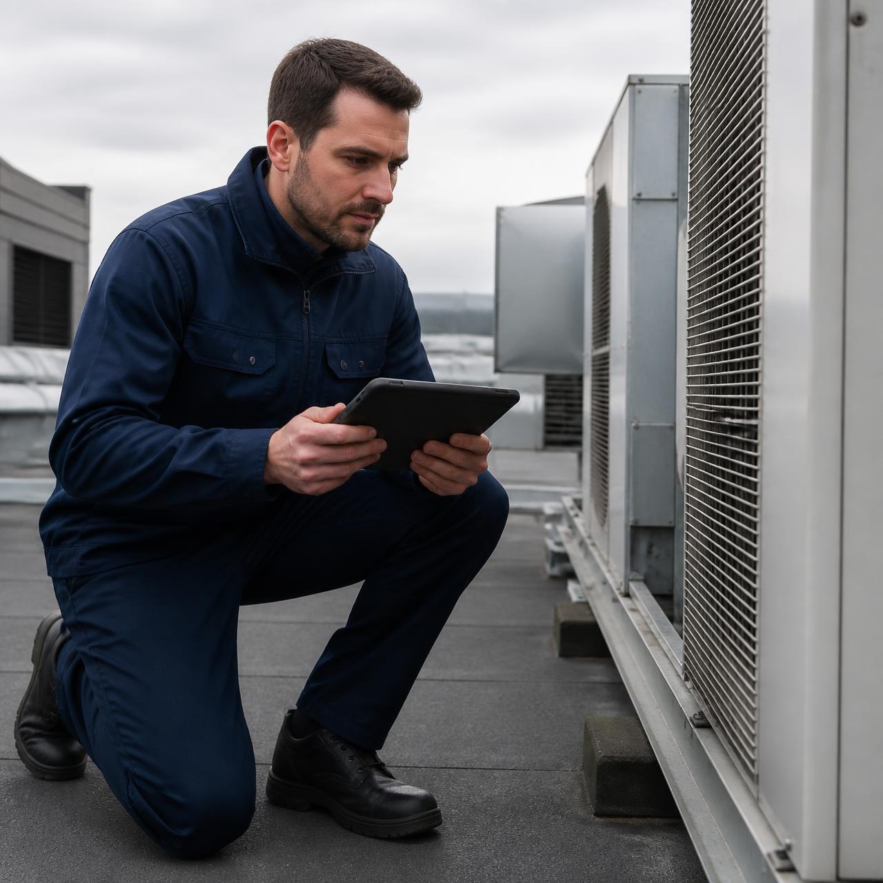 Facilities technician documenting rooftop mechanical equipment during a commercial building assessment